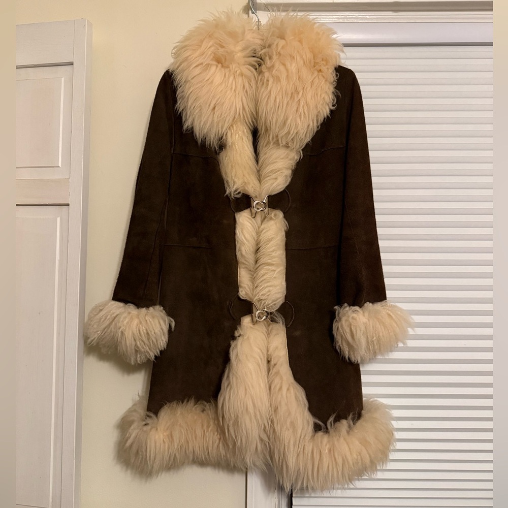 Vintage Brown Suede Penny Lane Afghan Coat With Cream Shearling Fur Trim
